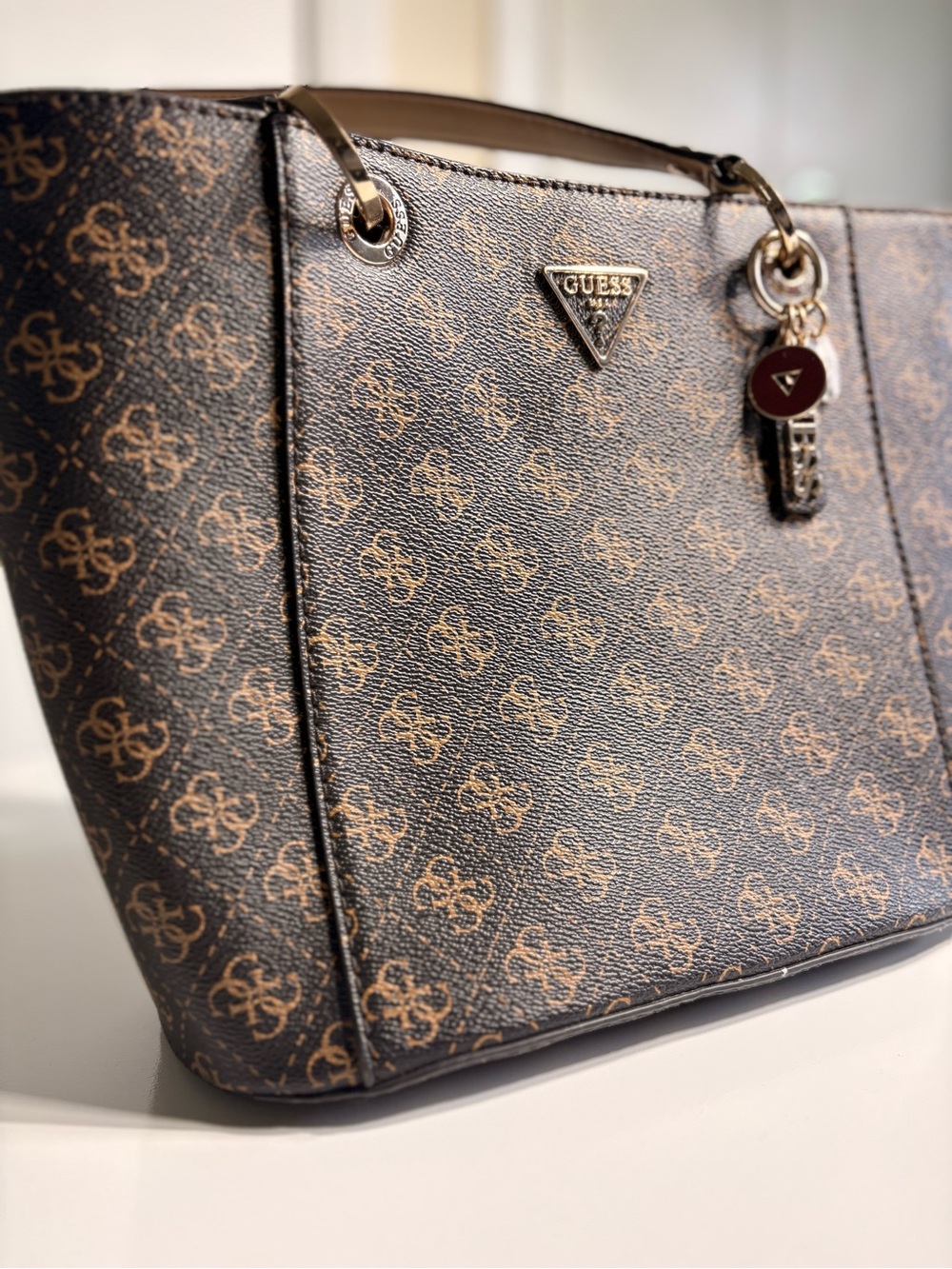 GUESS Brown Monogram Logo Tote with Gold Hardware